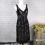 ECI Black Embroidered Velvet Floral Burnout Sequin Beaded Midi Dress Size 8