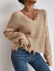 V neck shoulder disstresed  sweater