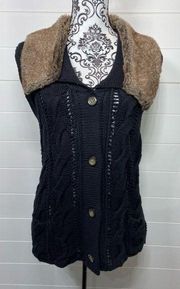 J.Jill Sweater Vest Womens XL Faux Fur Collar Cable Knit Button Front Y2K Preppy