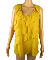 Classiques Entier Silk Mustard Yellow Layered Ruffle V Neck Sleeveless Blouse Lg