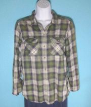 Eddie Bauer Womens Size S Green Plaid Cotton Hiking Shirt Long Sleeve Button Up