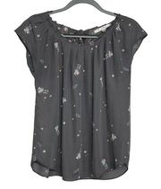 Lauren Conrad Short Sleeve Tie Back Flowy Gray Floral Blouse Size Medium