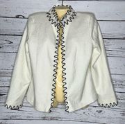 Bob Mackie Studio NWT Size 12 Ivory - Appliqué Trim Open Front Wool Blend Blazer