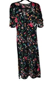 A New Day Black Bright Floral V Neck Ruched Front Midi Dress Sz XS