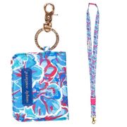 NWT Simply Southern Womens Keychain ID Wallet Lanyard Blue/Pink Hibiscus Set