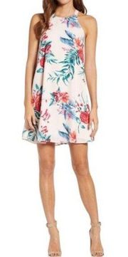 Gibson Naples Dress Women's Large Pink Floral Sleeveless Halter Neck