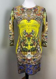 Vintage Roberto Cavalli Bird Floral Print Jersey Knit Bodycon Mini Dress