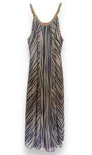 Charming Charlie Womens Dress Size L Crochet Trim Tan Blue Brown Stripe Maxi