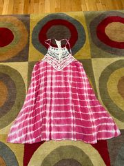 Pink and White Tie Dye Swing Dress Crochet Cutout High Neck Size Large