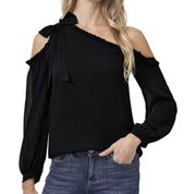 Cece Black One-Shoulder Ruffle Bow Blouse Top Size XSMALL Trendy $89