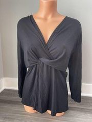 Loveappella Black V-Neck Top S Long Sleeve Faux Wrap New K5K1M11M13