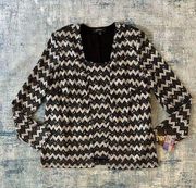 R & M Richards Black Gray Zig Zag Sequin Blouse Attached Cardigan Size 16