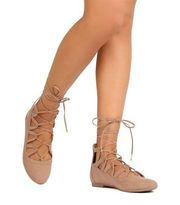 Qupid Ballet Flats Shoes Womens Size 7 Tan Casual Lace Up Slip On
