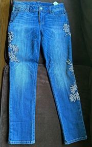 WHBM Blue Slim Straight Mid Waist Jeans Beaded  Embroidered Floral  Print Sz 8P