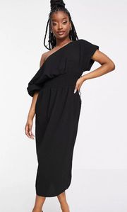 DESIGN Shirred Waist Midi Dress With Fallen Shoulder