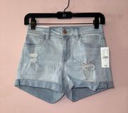 PacSun Light Blue Denim Distressed Super Stretch Denim Shortie Shorts 25 NWT!