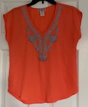 Coral Embroidered Top