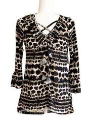 French Laundry Top Animal Print 3/4 Sleeve Ruffle V-Neck Top Size Medium NWT