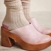 Pink Leather Heeled Platform Mules Clogs Slip On Shoes New