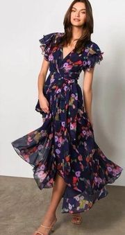 HUTCH Zola Ruffle Sleeve Wrap Dress in Navy Whimsy Watercolor Floral Small