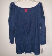 Sunny Leigh Chambray Ruffle Blouse Lace Detail NWT