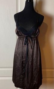 RETRO Y2K CHOCOLATE BROWN SATIN BLACK LACE VERA WANG BABY DOLL SLIP DRESS