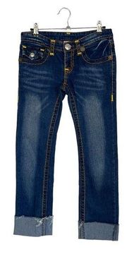 True Religion Billy Super T Dark Wash Yellow Stitched Cuffed Capris Jeans 27