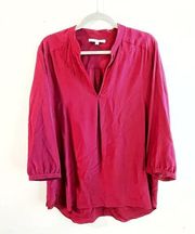 Amanda Uprichard Blouse Raspberry Red Silk Split Neck 3/4 Sleeves Tunic Sz M EUC