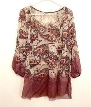 SONOMA Plus Size Beige Cream Red Mauve Paisley Ombre 3/4 Sleeve Peasant Blouse