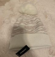 Cream Ivory Tiger Print Pom Pom Knit Beanie Winter Hat NWT