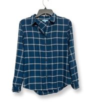 Womens Button Up Shirt Blue Plaid Long Sleeve Cuff Round Hem 2