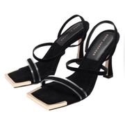 NIB Good American The Standout Square Toe Sandal Heels in Black Suede Size 9