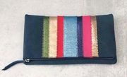 Stella & Dot Navy Blue Metallic Stripes Fold Over Clutch NEW