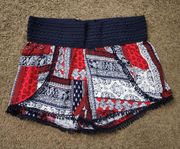 Red/White/Blue Mixed Paisley Peint Flowy Shorts, Women's XS