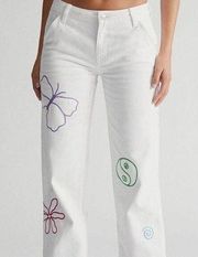 PACSUN Graphic Low Rise Carpenter Pants White Embroidered Size 24