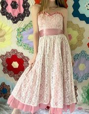 Gunne Sax Vintage Pink Satin Lace Sleeveless Dress