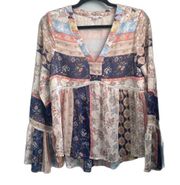 Love Riche Womens V-Neck Boho Colorful Floral Long Sleeve Blouse Size Small
