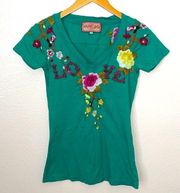 Johnny Was JWLA teal green blue floral embroidered love graphic v-neck tee S