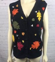 Autumn Sweater Vest Buttons Black XL EUC Leaves