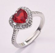 18K White Gold Plated Adjustable Birthstone Crystal Love Heart Ruby Ring for Women