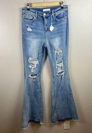 Flying Monkey Last Reel Distressed High Rise Flare Jeans Size 29 Light Wash Boho