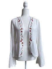 Minkpink Bohemian White Floral Embroidered M Open Front Ruffle Hem Bell Sleeve