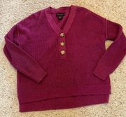 Rachel Zoe Drop Sleeve Half Button V-Neck Step Hem Sweater Warm Berry Purple