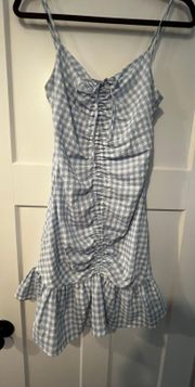 blue and white gingham scrunch dress