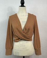 By anthropology Tan Cropped V-Neck Long Sleeves Sweater Size XS