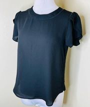 Top MEDIUM Button Back Black Minimalist Office Chic Short Sleeve Feminine