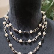 Womens White Pearl Black Bead Triple Strand Collar Necklace with Lobster Clasp