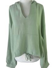 New  V-Neck Hooded Top Drawstring Hem Woven Hoodie Sage