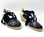 ERIC MICHAEL Black Lace Up Sequin Embroidered Espadrilles Wedges