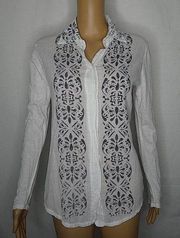 Michael Stars Button Up Shirt Boho Distressed Print 0 XS EUC Long Sleeve White